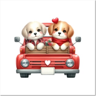 Valentine Dog Couple Sitting On Truck Posters and Art